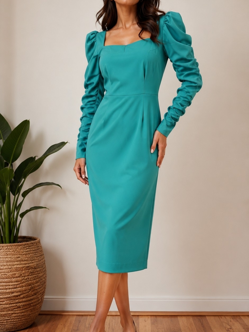 ANTONIO MELANI Turquoise Puff-Sleeve Midi Dress Size 14
